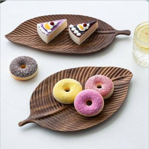 Wooden Leaf Tray for Tea Set Cup Fruit Snacks Dessert Home Decoration for Hotel Office Black Walnut Leaves Plate Sample