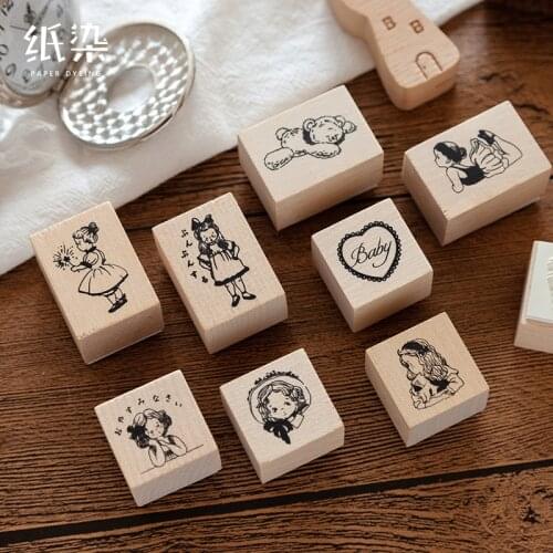 Vintage Cartoon Girl Diary Bear Wood Stamp DIY Craft Wooden Rubber Stamps for Scrapbooking Diary Scrapbooking Standard Stamp