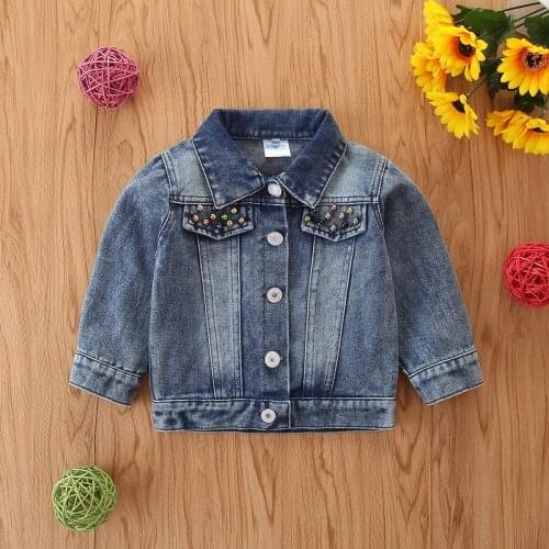 Children Girls Autumn Outfit Blue Lapel Long-Sleeves Denim Jacket with Beadings Heart-Shapes Sequin Decoration