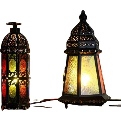 Dimming diffuse coffee lamp wrought iron glass candlestick Morocco lamp creative features the Mediterranean metal table lamp