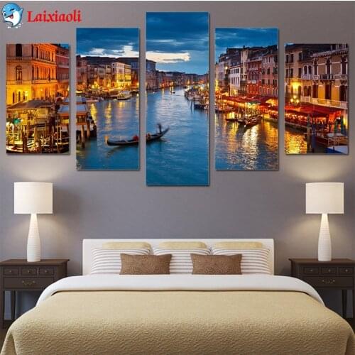 DIY Diamond Painting Venice water city night lighting boat Rhinestone Diamond Mosaic Embroidery Cross Stitch Handmade Hobby 5pcs