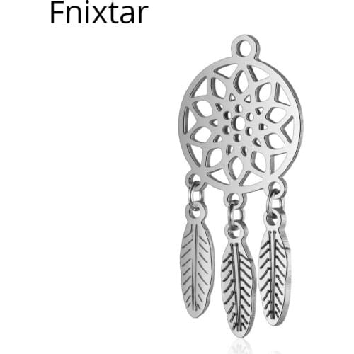 Fnixtar Top Polished 14*30mm Stainless Steel Dreamcatcher Metal Charms for DIY Jewelry Making Feather Charm Pendants 10pcs/lot