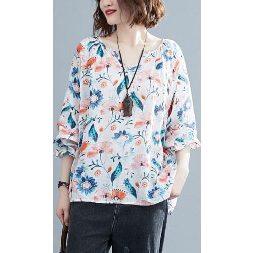 Women Long Sleeve Cotton Linen T-shirts New Arrival 2021 Spring Simple Style Vintage Print Loose Female Casual Tops Tees S3193