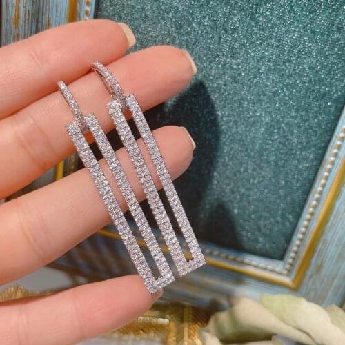 HIBRIDE Famous Square Shape Long Drop Earrings For Women Bridal Wedding Cubic Zirconia Dangle Earring Party Jewelry E-1014