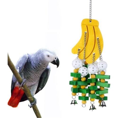 Parrot Bird Chew Swing Toy String Gnaws Banana Strings Design Wooden Block Macaws Cockatoos African Grey Bird Cage Accessories