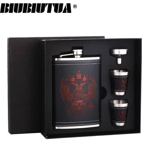BIUBIUTUA 18oz Stainless Steel Big Hip Flasks Red National Emblem Design Pattern Leather Whiskey Flask Set 18oz Flask Set
