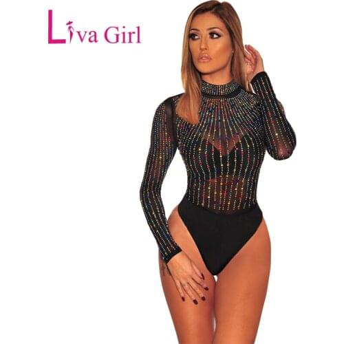 LIVA GIRL Black Long Sleeve Women Bodysuit Rhinestone Studded Sheer Mesh Bodysuits Turtleneck Bodycon Jumpsuits Female Body Tops