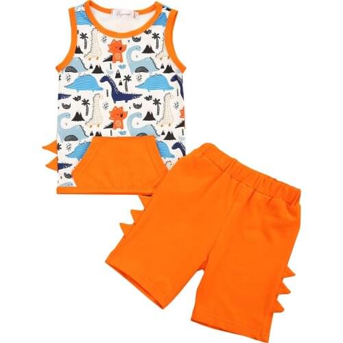FOCUSNORM 0-24M Summer Casual Baby Boys Clothes Sets Dinosaur Print Sleeveless Tank Tops + Shorts Set