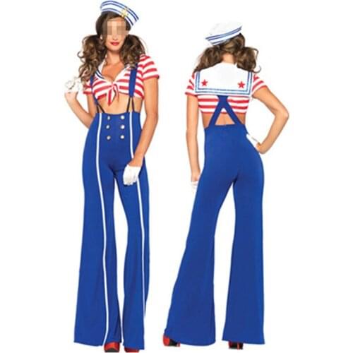 1 Sets Including 4 Pcs Sexy Sailor Costume Women Navy Costume With Blue Stripe Hat Halloween Cosplay Party Stage Show Clothing