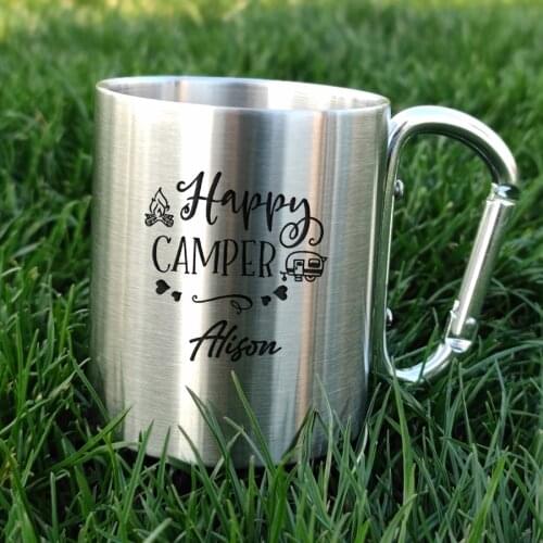 Personalized Name Stainless Steel Carabiner Mug Handle Camping Mug Travelers Gift Insulated Mug Happy Camper