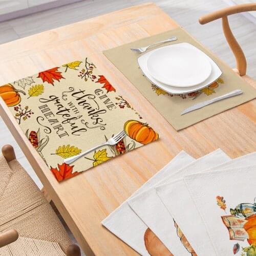 Kitchen Placemat Thanksgiving Autumn Pumpkin Decorative Table Mat Yellow Cotton Linen Western Placemat Waterproof Drink Coasters