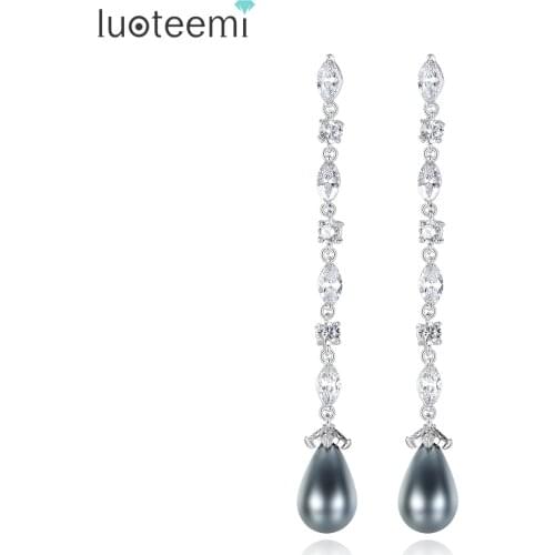 LUOTEEMI Bride Long AAA Clear Marquise and Brilliant Cubic Zirconia Statement with Gray Waterdrop Pearl Dangle Earring For Women