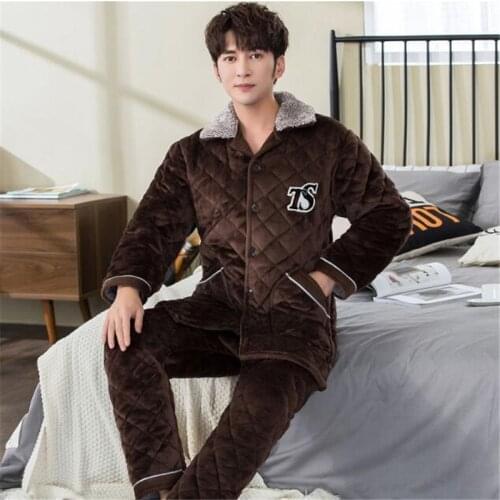 Male Flannel Warm Sleepwear Thermal Winter Thick Coral Fleece Men Pajamas Sets of Sleep Tops & Bottoms Home Clothing