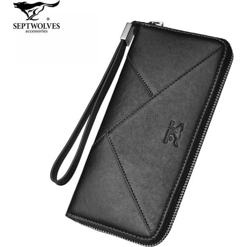 Septwolves luxury brand men wallets genuine leather long zipper clutch wallet business male phone purse