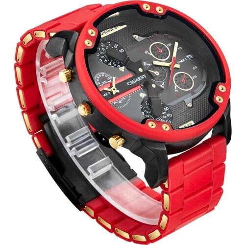 Cagarny 2021 Fashion Mens Watches Gold Steel Red Silicone Sport Watch for Men Quartz Male Clock Dual Time Military Reloj Hombre