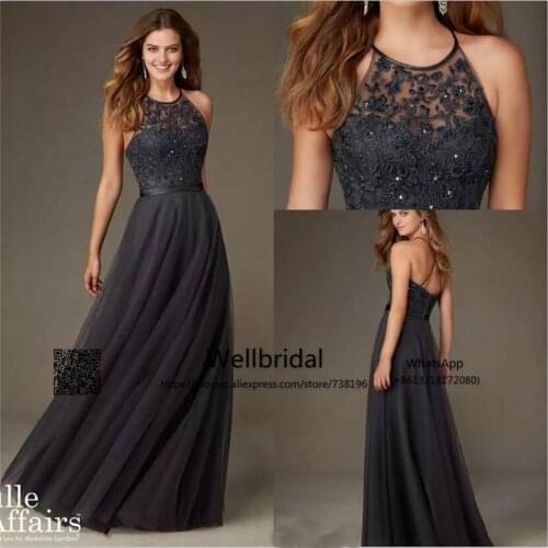 New 2019 Dark Grey Bridesmaid Dresses Long with Lace Halter Wedding Party Dress vestido de festa de casamento bridesmaid dress