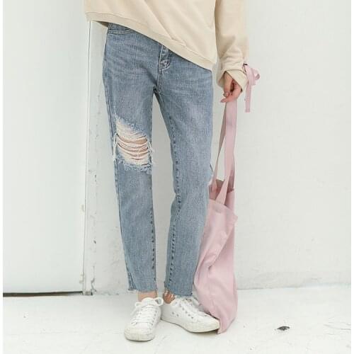 Straight High Waist WomenS Jeans Street Clothing Fashion Harlan Trousers Chic Washed Ripped Ankle Jeans Blue Trousers