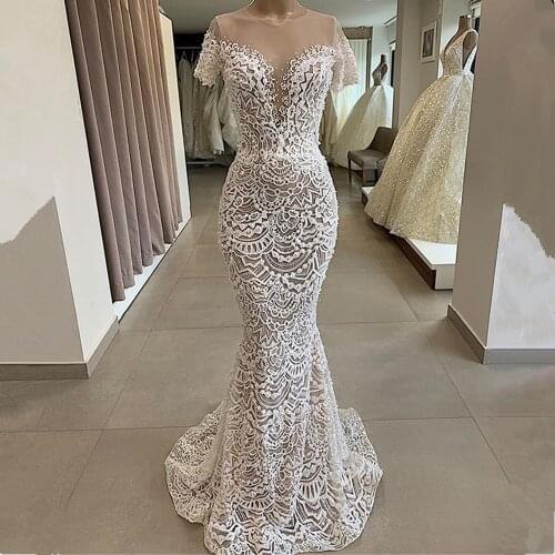 Romantic Lace Pearls Mermaid Wedding Dress Sexy Illusion Tulle Short Sleeve Zipper Back Wedding Bridal Gowns Robe De Mariage