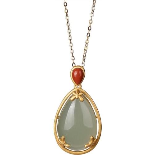 S925 sterling silver gold plated southern red agate Hetian gray jade retro personalized drop-shaped Lady dragonfly pendant