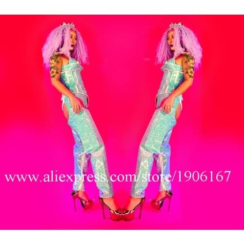 Blue Color Nightclub DJ DS Women Stage Performance Costumes With Wigs Crown Evening Party Event Dress Dance Team Clothes Outfit