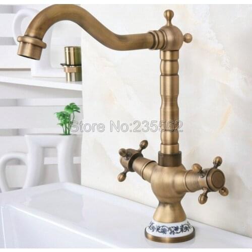 Antique Brass Bathroom Basin Faucet Swivel Spout Kitchen Sink Mixer Faucets Deck Mounted Dual Handle Taps lnf602