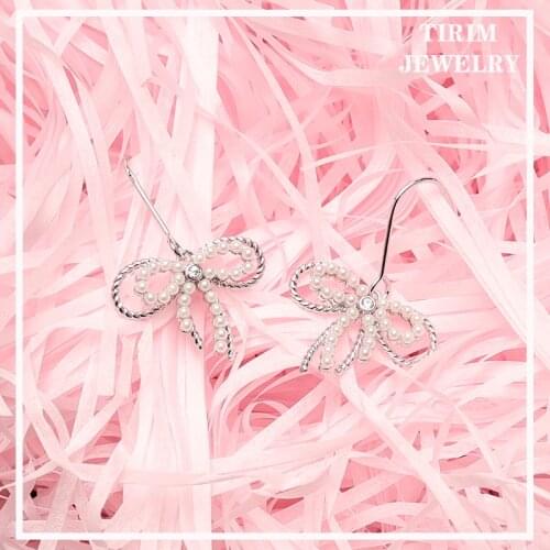 TIRIM Bowknot Pearl Dangle Earrings for Women and Girls Party Cubic Zircon Earing Trendy Luxury Fashion Jewelry Gifts