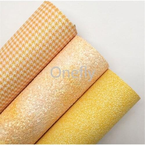 Onefly 21X29CM Yellow Glitter Leather, Birds Printed Fine Glitter Fabric Sheets For Bow DIY handbags shoes AQ079