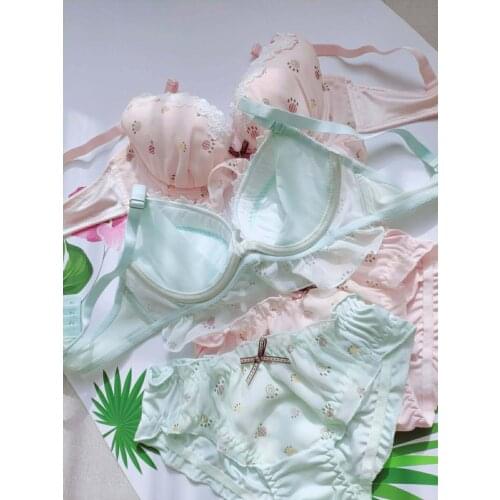 Wriufred Girly low-hearted comfortable bralette deep V chiffon water-soluble flower bra set gathered thin ladies underwear