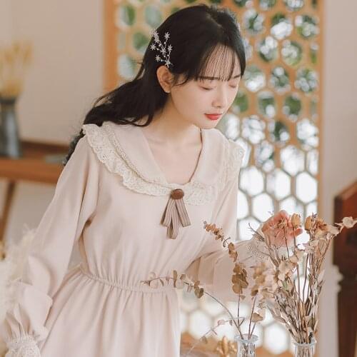 Japanese Kawaii Dress Women Spring 2021 New Retro Gentle Long-Sleeved Hollow Lace Stitching Doll Collar Sweet Dresses Female
