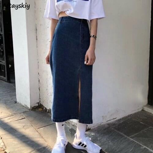 Skirts Women Denim Long All-match Basic Streetwear Side-slit High Waist Slim College Popular Spring Korean Style Vintage Chic