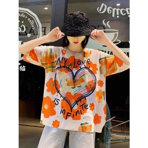Orange Floral Graphic Print Hollow Out Graffiti Tops Women Nice Short Sleeve Kawaii Sweater Womens Clothing Nice
