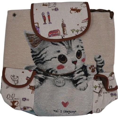 Women Canvas Backpack Cartoon Cat Pattern School Bag Pockets Casual Vintage Bag Travel Drawstring backpack 1