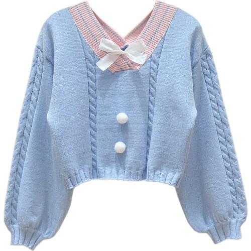 Korean Style White Knitted Sweater Women Sweet V Neck with Bow Vintage Pullover Femme Long Sleeve Knitwear Crop Top Pink Jumper