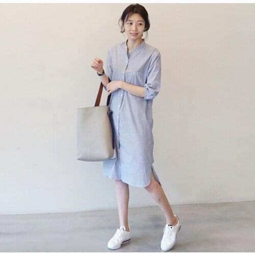 Women Shirt Dress Spring Summer Striped Buttoned Middle Sleeve Dress Korean Style Mid-length Dress HSJ88