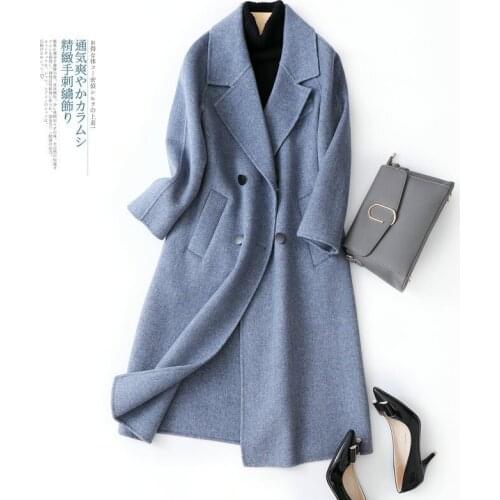 2020 Double Breasted Wool Coat Women Blue Long Female Jacket Elegant Spring Autumn Coats and Jackets Women Abrigo Mujer 8016