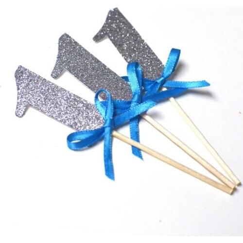 1st Birthday Cupcake toppers, Glitter Silver with Blue bow custom number wedding toothpicks Bridal baby shower party decor