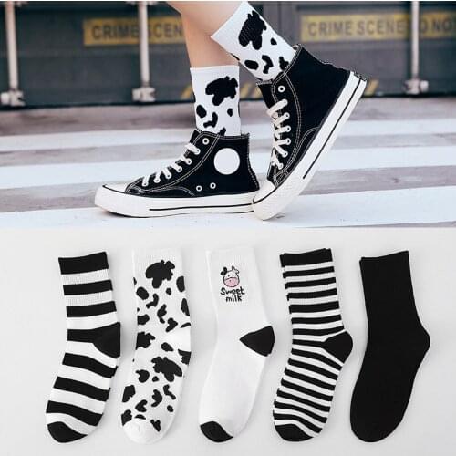 Cow Printed Cotton 1Pair Striped Pattern Japanese Style Female Sock Nice Gift Mid Tube Socks Breathable For Women