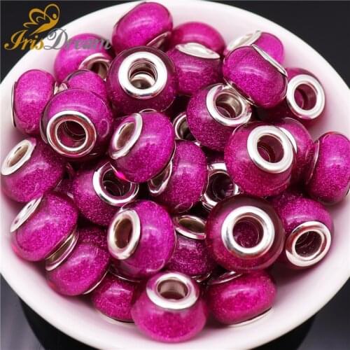 10Pcs Glitter Powder Round Loose Big Hole Murano Glass Beads Spacer Fit Pandora Bracelet DIY European Beads for Jewelry Making