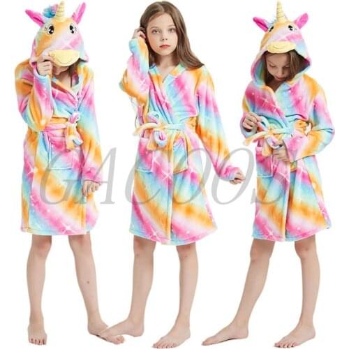 2020 Winter Boys Girls Nightgown Flannel Unicorn Hooded Bathrobes Kids Fox Dog Bath Robe Pajamas Sleepwear Childrens Nightgowns