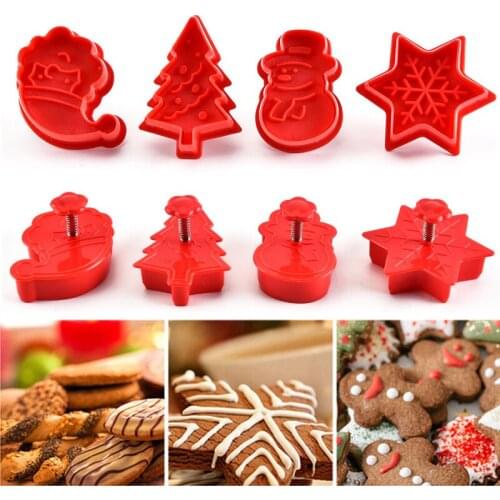 4pcs Cookie Stamp Biscuit DIY Mold Christmas 3D Snowman Xmas Tree Cookie Cake Plunger Cutter Baking Mould Xmas Cookie Cutters