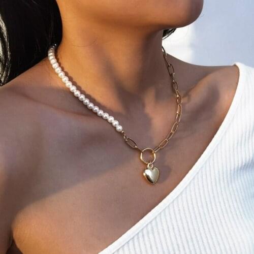 Bohemian Simulated Pearl Cuban Chain Necklace Heart Pendant Choker Necklaces for Women Goth 2021 Wedding Party Jewelry Gifts