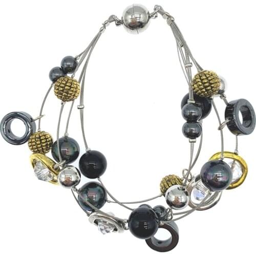 FoLisaUnique Black Onyx Shell Pearl Hematite Charm Bracelet With Silver Gold Filled Beads Crystals For Women Girls Gift 7.5 Inch