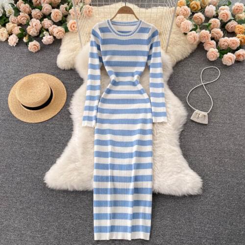 Croysier Dresses For Women 2021 Elegant Chic Knitted Bodycon Midi Dress Autumn Winter Long Sleeve Crew Neck Casual Striped Dress