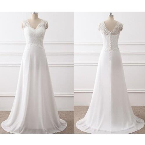Elegant classic simple lace V-Neck Beading Chiffon A-Line Bride Dress Wedding Dress real picture photo fanweimei#9135 factory
