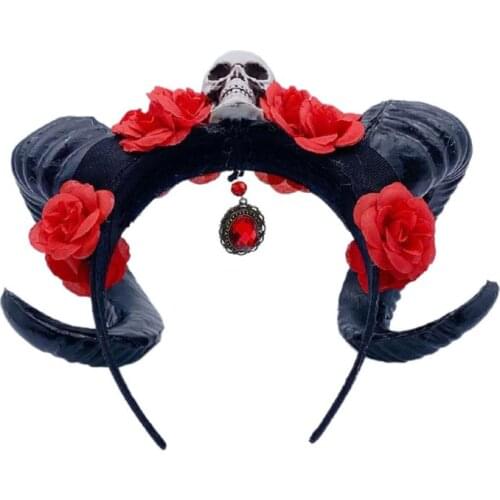 Skull Red Rose Sheep Horn Headband Forest Animal Cosplay Costume Hair Hoop Halloween Day of the Dead Jewelry Headpiece