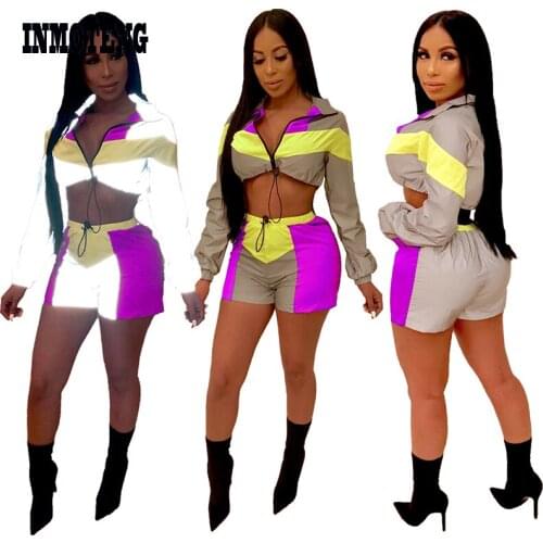 INMOTENG Color Patchwork Reflective Two Piece Set Women Night Version Tracksuit Zipper Long Sleeve Short Jacket Shorts Clubwear