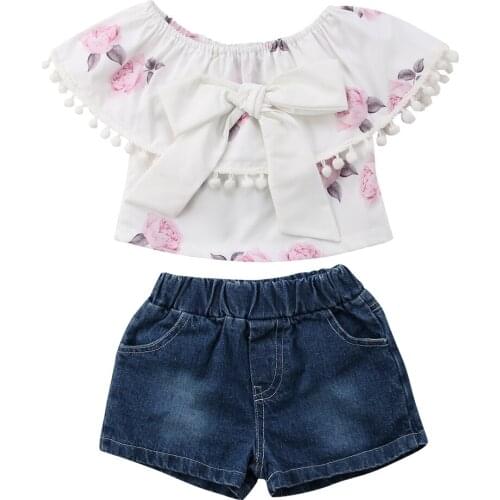 Infant Kid Girls Clothing Set Floral Bow Off Shoulder Top +Denim Shorts 2pcs Kid Girls Clothing Set