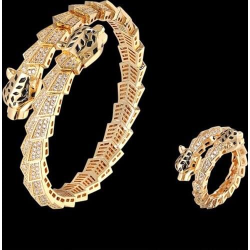 Fateama Luxurious animal bracelet and ring jewelry set elastic double leopard head cross all zirconium micro set classic fashion