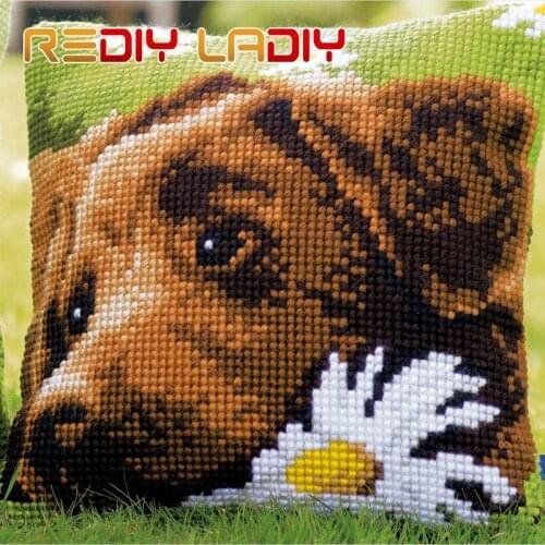Cross Stitch Cushion Cover Dog In Daisies Sofa Pillows DIY Chunky Cross-Stitch Kits 100% Acrylic Yarn Pillow Case Hobby & Crafts