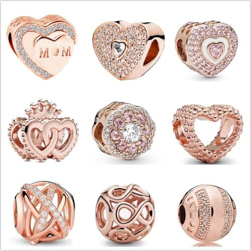 The new rose gold heart-shaped zircon bead fit the original Pandora Charm Silver 925 bracelet for DIY womens jewelry